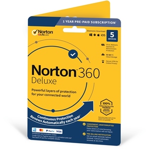 Obrázek Norton 360 Deluxe; obnovení licence; počet zařízení 5; platnost 1 rok